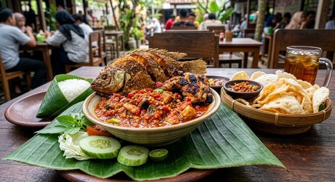 food on the market Indonesian seruit chili sauce with crackers, gurame fish and chicken on top