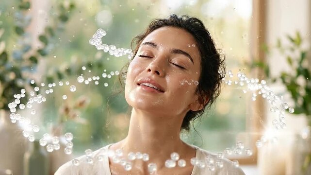 Young woman with glowing skin and closed eyes surrounded by floating serum drops natural light, fresh skincare beauty relaxation, healthy complexion, wellness, serene indoor atmosphere, morning light