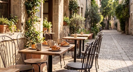 Fototapeta premium Charming outdoor cafe tables set with fresh croissants and coffee mugs on a sunlit cobblestone street in a quaint European old town, creating a tranquil morning scene.
