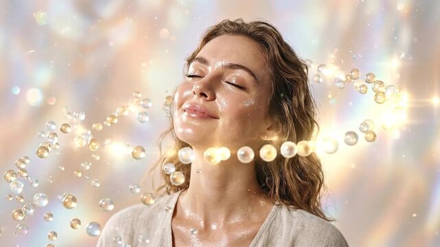 Radiant woman with glowing skin and natural beauty surrounded by floating serum drops, sparkling light, soft pastel background, expressing happiness, freshness, healthy complexion, peaceful