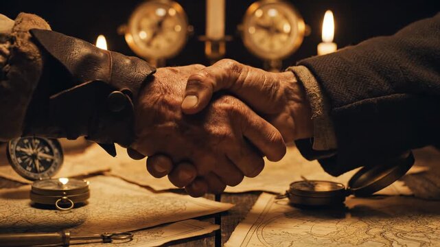 Close up of weathered hands shaking over vintage nautical maps and antique compasses in dim candlelight, concept of maritime agreement, exploration, discovery, and old world adventure