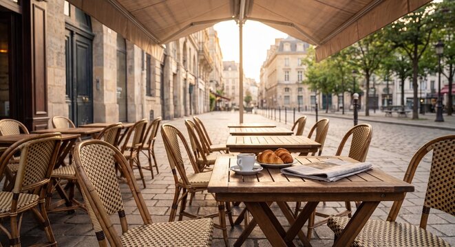 Empty Parisian cafe terrace with fresh croissants, coffee, and a newspaper on a wooden table in the serene morning light.