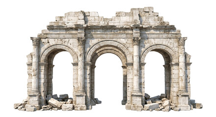 Obraz premium Ancient Roman Archway Ruins, Stone Arches, Broken Columns, Isolated on White Background