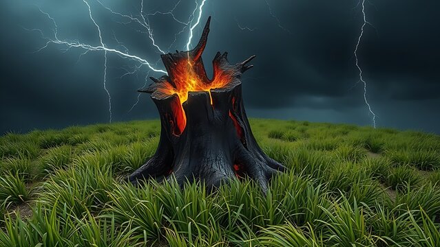 A charred tree trunk struck by lightning, bark shattered, grass flattened in a radial pattern.