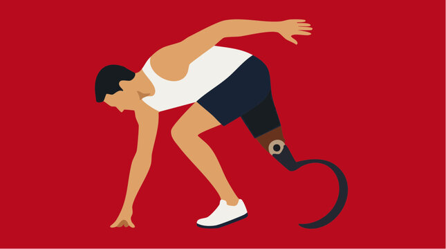 Geometric study of an athlete preparing for a race, a flat design vector illustration showcasing a disabled runner in a starting position with a prosthetic blade on a solid red background.