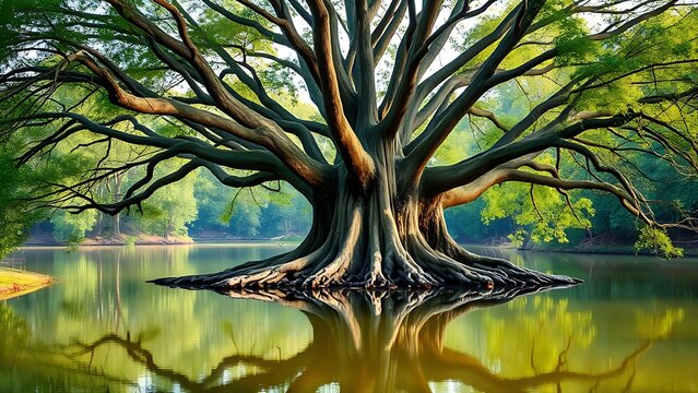 Ancient banyan tree by a tranquil lake with its roots reflected in water.