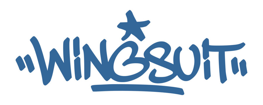 Light blue wingsuit graffiti tag lettering with star symbol on white background. Skydive and base jumping themed urban street art for extreme air sports graphics.