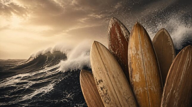 Worn balsa wood surfboards arranged in a fan formation against a dramatic breaking ocean wave, capturing the timeless spirit and classic aesthetic of vintage surf culture during a golden hour sunset.
