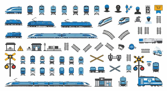 A comprehensive set of blue and grey pixel-art icons depicting various trains, railway tracks, stations, and related transport elements.
