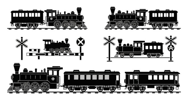 Collection of black and white silhouette illustrations of vintage steam trains and railway crossings.