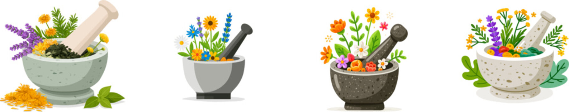A traditional stone mortar and pestle are filled with vibrant dried herbs and flowers, set against a minimalist background in flat 2D vector art style