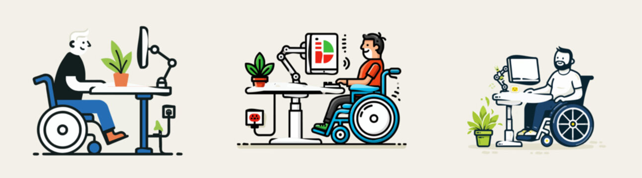 A person in a wheelchair uses an adjustable desk with a monitor on an articulated arm, featuring accessible plug sockets and a green plant, all set against a solid cream background