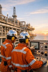 Fototapeta premium Crew Coordinating Critical Panel Operation At Sunset, Synchronized Monitoring Of Readouts And Alarms, Disciplined Teamwork Under Timesensitive Conditions To Ensure Safe Output