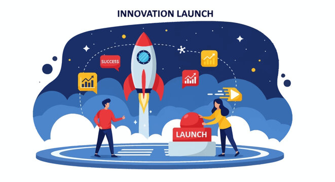 Illustration of two people launching an innovation rocket into space with various data and social media icons.
