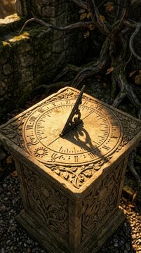 Ancient stone sundial in a garden with sunlight and shadows
