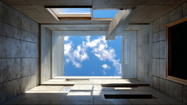 Modern skylight, blue sky, clouds, concrete wall, architecture, sunlight, open window