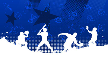 Baseball players silhouettes on blue sport banner background © KR Studio