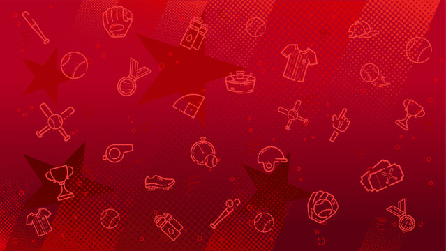 Baseball symbols background, red sport banner template