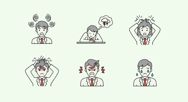 Collection of six cartoon illustrations depicting various negative emotions and stress experienced by a businessman.