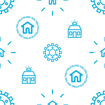 Seamless pattern unit with house gear and solar energy icons in cyan line on transparent background