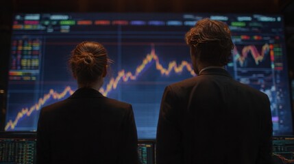 Fototapeta premium A professional female investment analyst and a male portfolio manager standing side by side with their backs to the camera, faces not visible, both intensely focused on a massive futuristic screen