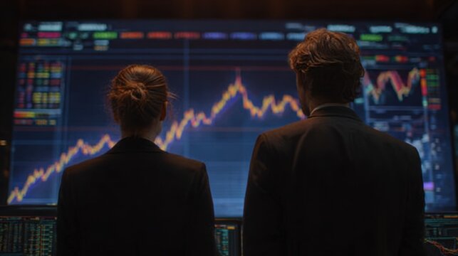 A professional female investment analyst and a male portfolio manager standing side by side with their backs to the camera, faces not visible, both intensely focused on a massive futuristic screen