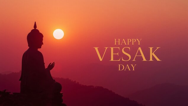 Happy Vesak Day Celebration with Buddha Statue and Sunset View