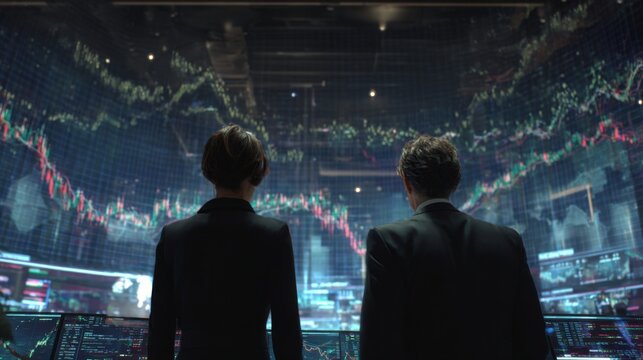 A professional female investment analyst and a male portfolio manager standing side by side with their backs to the camera, faces not visible, both intensely focused on a massive futuristic screen