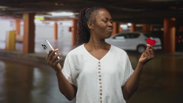 Woman holding smartphone in one hand and pinching a red paper heart between fingers, making a skeptical grimace inside a parking building; digital dating skepticism.