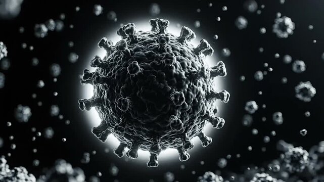 Hantavirus particle drifting in dark microscopic space, clinical science concept with glowing depth, isolated 4K medical background for education