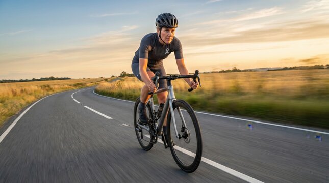 Male cyclist riding a road bike on an empty country road at sunset.
