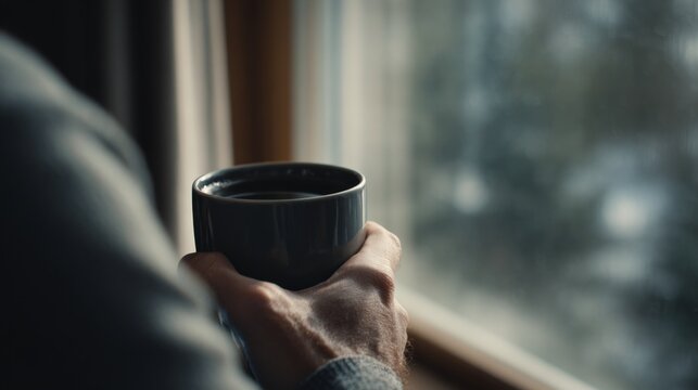 A cozy moment sipping from a dark mug by the window overlooking a serene winter landscape creating a perfect escape into peaceful solitude. Generative AI