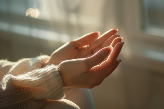 Gentle hands opened in sunlight reflecting warmth and serenity inviting connection and mindfulness for relaxation and well-being. Generative AI