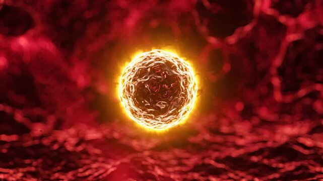 Glowing Hantavirus Cell in Red Microscopic Environment, a dramatic 4K medical animation for infection, research, and science storytelling