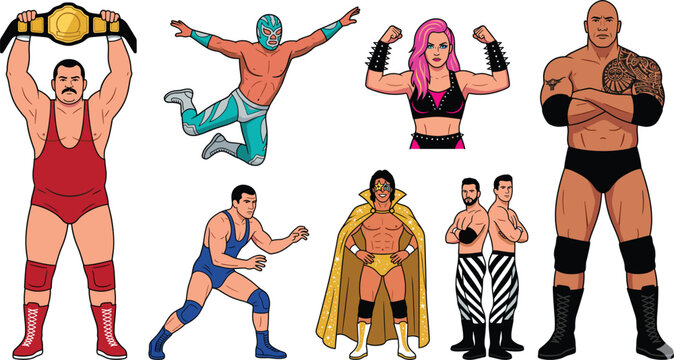 Professional Wrestling Vector Set Featuring Male and Female Wrestlers, Masks, Championship Belt, and Ring Poses for Sports and Entertainment Illustrations