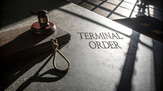 Legal Gavel and Terminal Order on a Courtroom Table in Sunlight