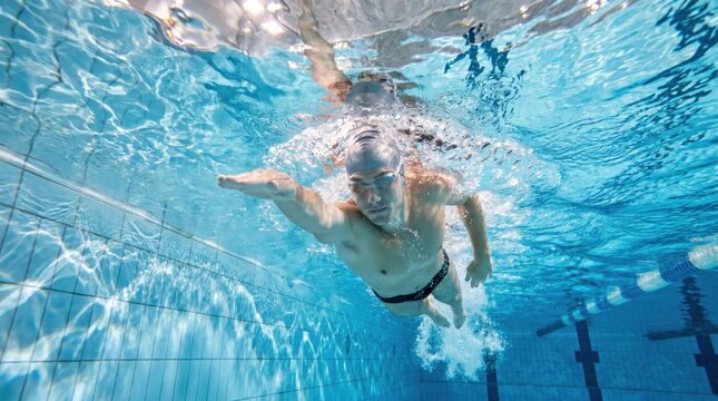 Underwater view of a man swimming in a clear blue pool, performing a front crawl stroke.