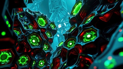 Fototapeta premium Futuristic tunnel, glowing hexagonal structures. Dark background highlights vibrant green, red, cyan illumination. Complex geometry creates immersive view.