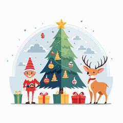 Fototapeta premium Christmas Scene with Elf, Reindeer, and Decorated Tree