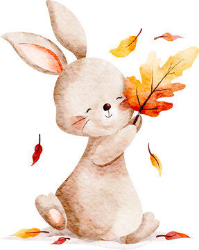 Watercolor Rabbit with Autumn Leaves
