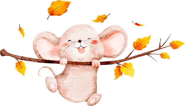 Watercolor Mouse with Autumn Leaves