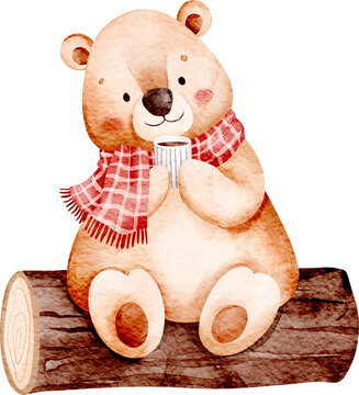 Watercolor Bear sits in Wood