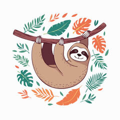 Fototapeta premium Cute Sloth Hanging on a Branch with Tropical Leaves