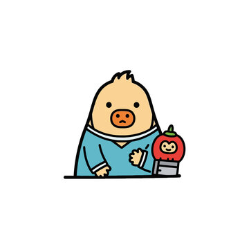 Cartoon pig character in blue shirt.
