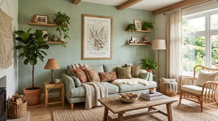 Fototapeta premium Cozy Room with Light Green Walls, Green Sofa and Wooden Furniture