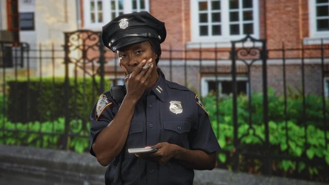 Woman police officer holding a notepad and pen, hand to mouth gesture, standing by a wrought iron fence in front of a brick building; concern duty.