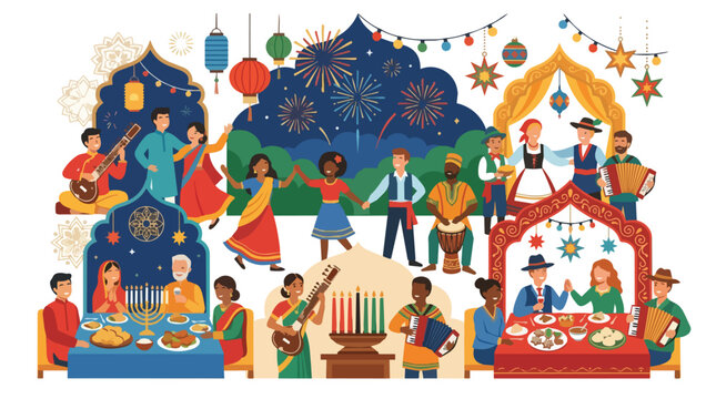 Vibrant illustration of diverse people celebrating various cultural festivals with lanterns and decorations against a white background.