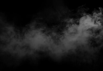 Fototapeta premium Dark fog and smoke overlay drifting across a black background, creating a soft atmospheric mist texture with moody contrast and cinematic copy space.