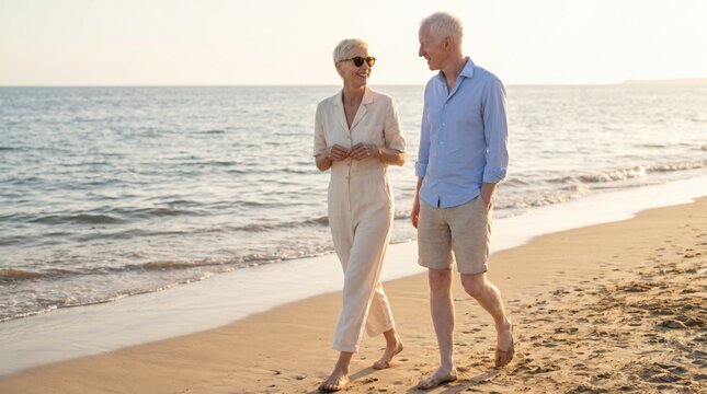 Senior couple walking on beach. Eternal love in golden years. Joy.