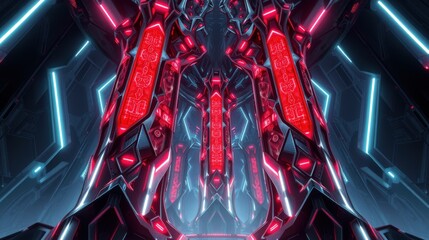 Fototapeta premium Futuristic tunnel glows with vibrant red, blue lights. Complex geometric patterns create immersive digital space. Dark background emphasizes bright illumination.